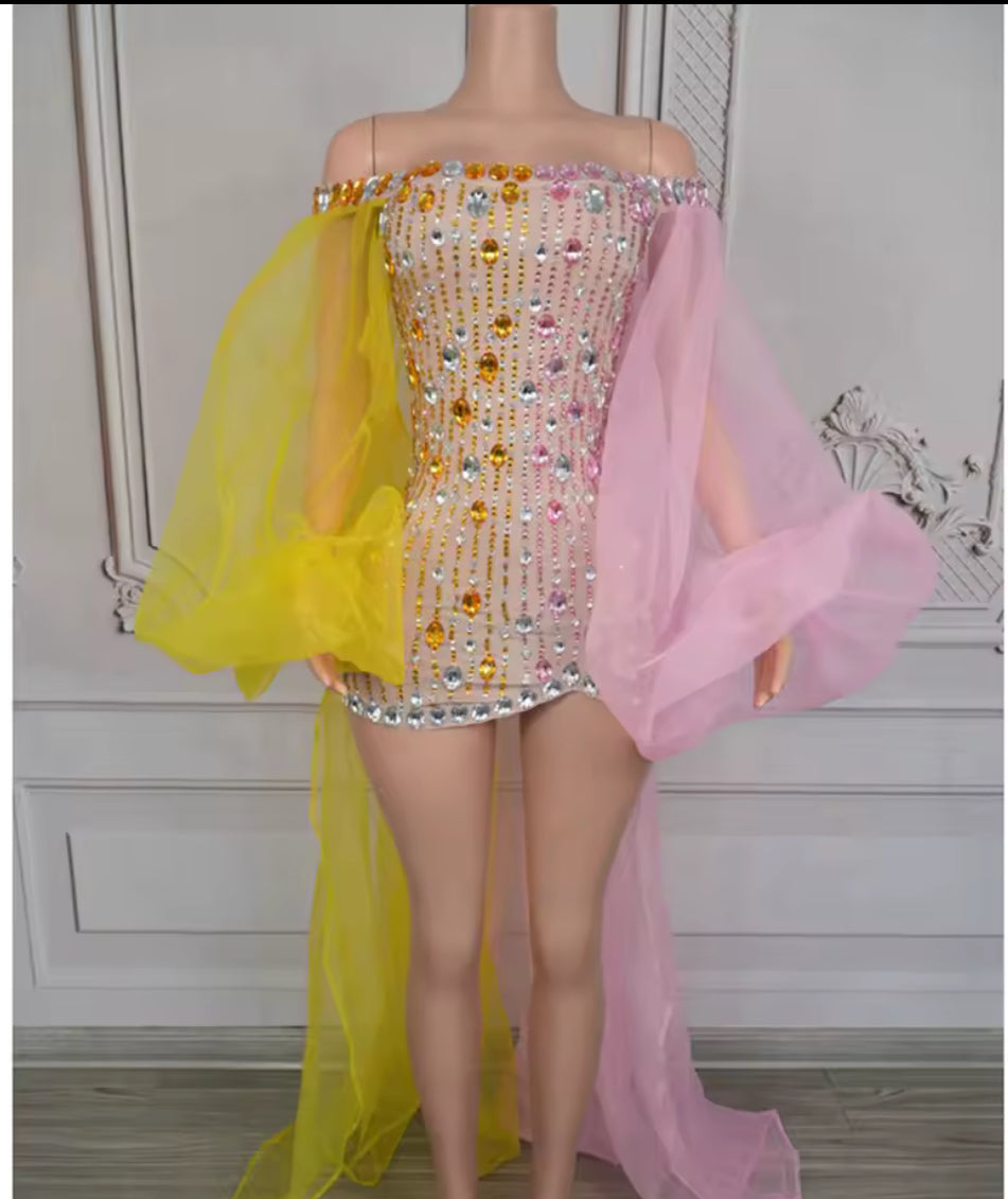 Pink & Yellow Lantern Sleeve Dress