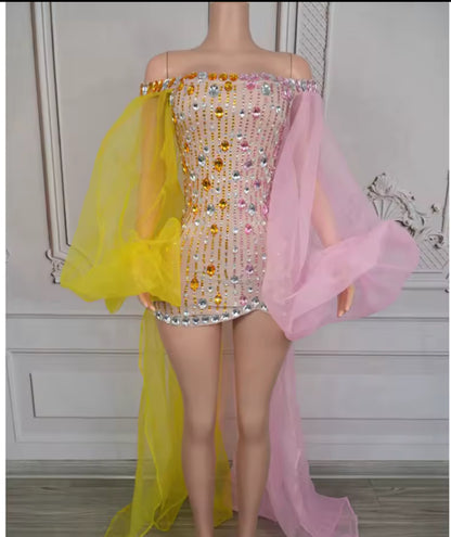 Pink & Yellow Lantern Sleeve Dress