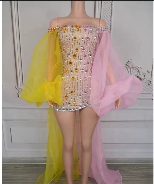 Pink & Yellow Lantern Sleeve Dress