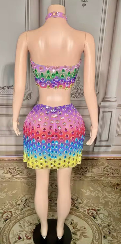 Rainbow diamond halter skirt set