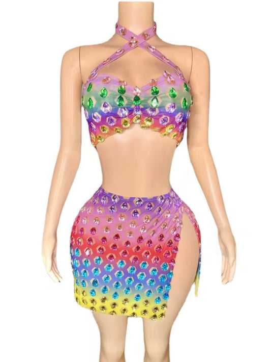 Rainbow diamond halter skirt set