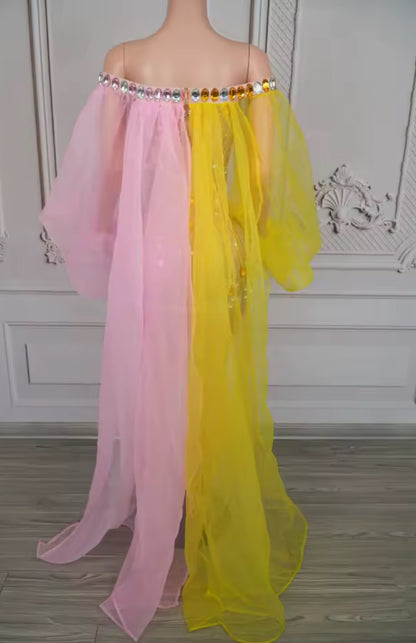Pink & Yellow Lantern Sleeve Dress