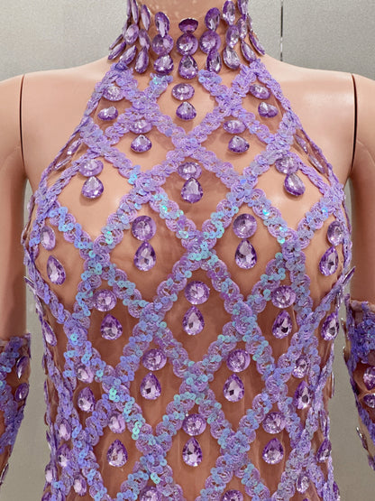 Sparkly Rhinestone Lavender Sexy Transparent Backless Dress Evening
