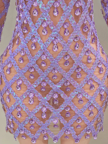 Sparkly Rhinestone Lavender Sexy Transparent Backless Dress Evening