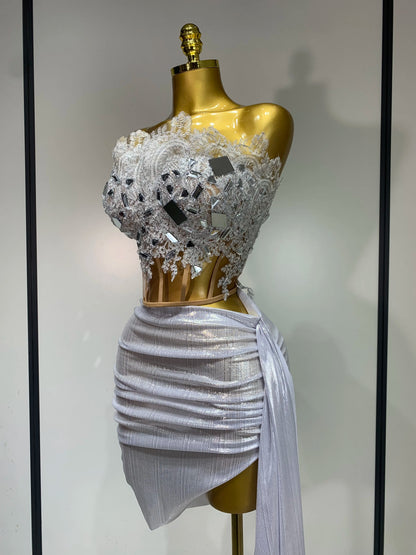 Newest 2025 Sparkly Blue Crystals Sequins Sexy Strapless Short Dress