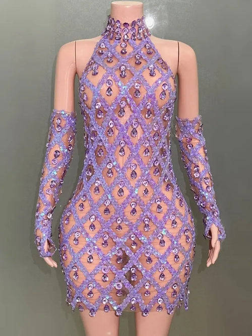 Sparkly Rhinestone Lavender Sexy Transparent Backless Dress Evening