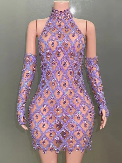 Sparkly Rhinestone Lavender Sexy Transparent Backless Dress Evening