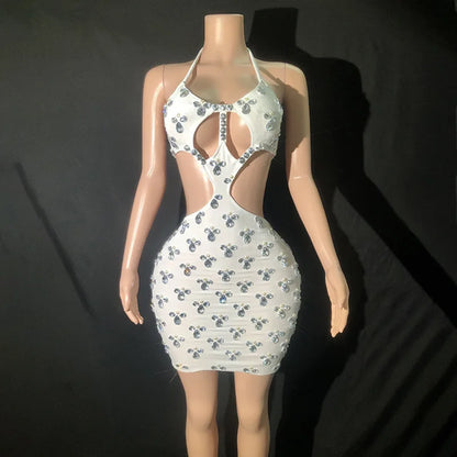 Women Sexy Shiny Diamond Hanging Neck Open Back Dress DJ Female Singer