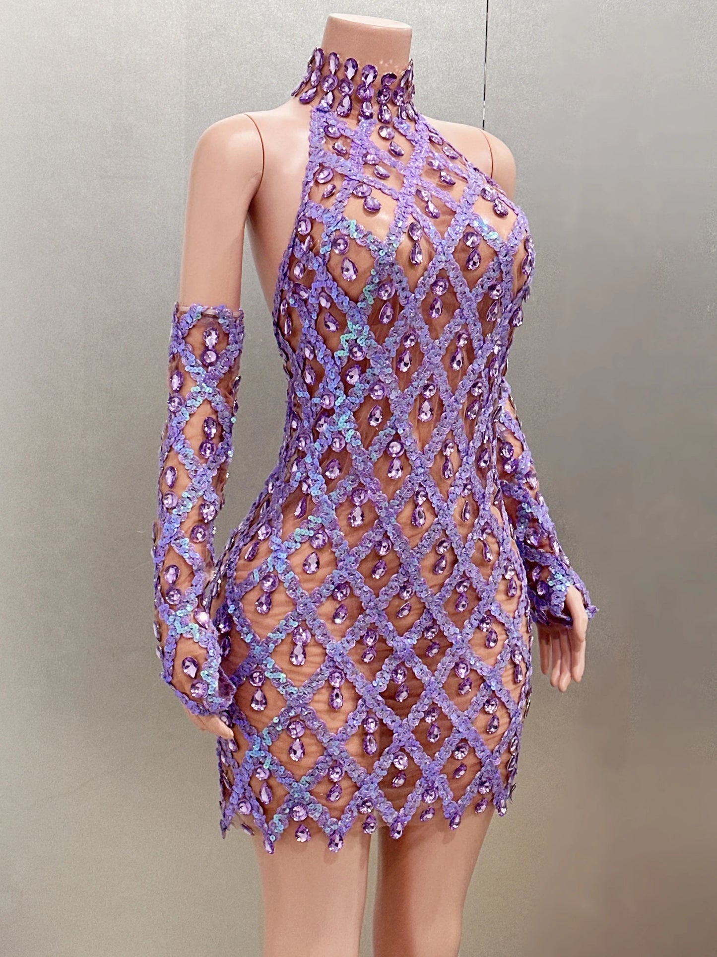 Sparkly Rhinestone Lavender Sexy Transparent Backless Dress Evening