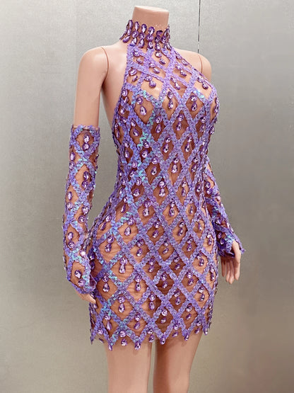 Sparkly Rhinestone Lavender Sexy Transparent Backless Dress Evening