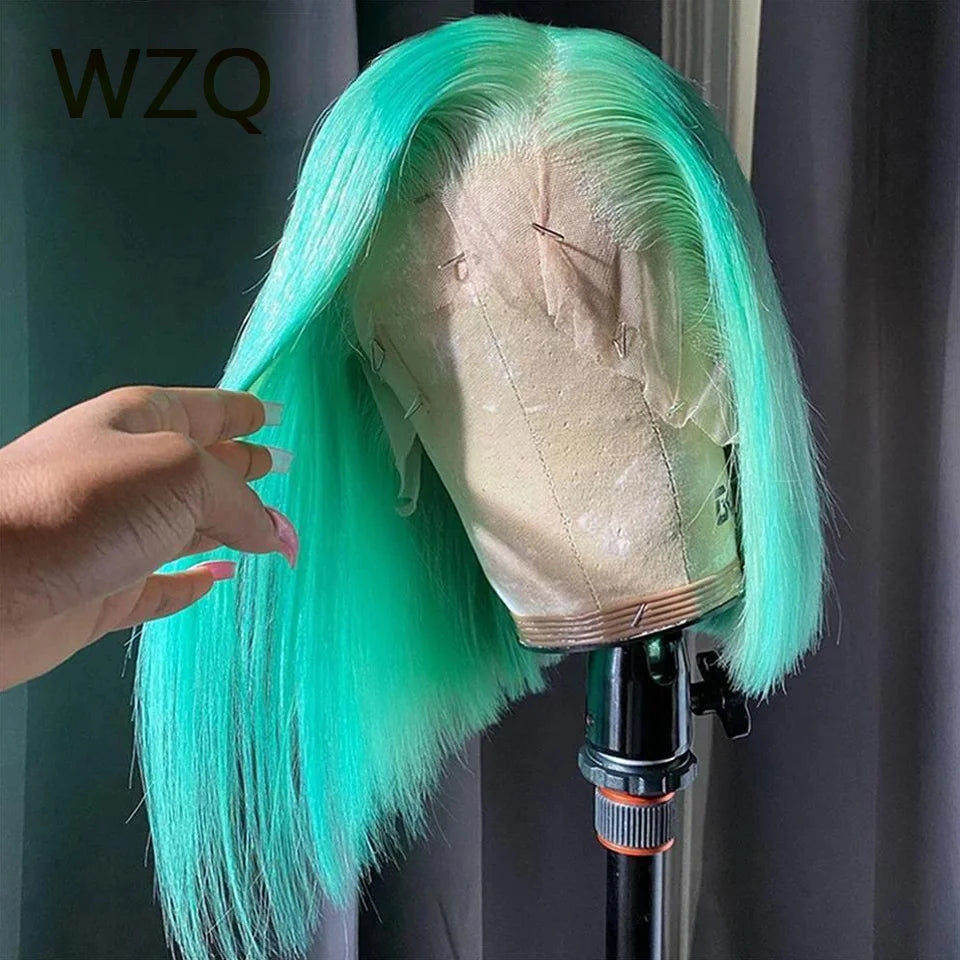 Light Green Short Bob Wig Pink Colored Human Hair Wigs 13x4 Lace