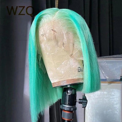 Light Green Short Bob Wig Pink Colored Human Hair Wigs 13x4 Lace