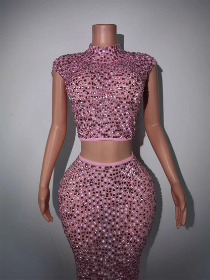 Pink Diamonds Crop Top Skirt Set