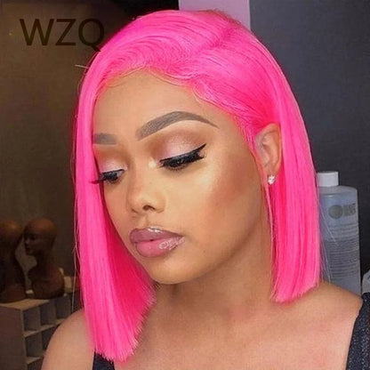 Light Green Short Bob Wig Pink Colored Human Hair Wigs 13x4 Lace
