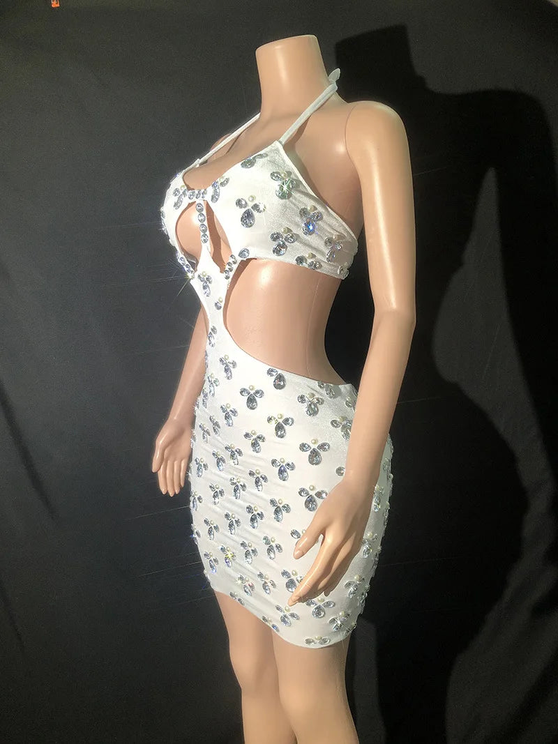Women Sexy Shiny Diamond Hanging Neck Open Back Dress DJ Female Singer
