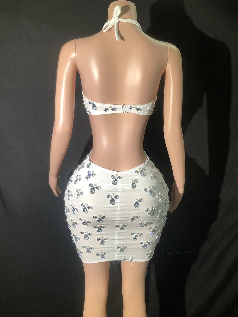 Women Sexy Shiny Diamond Hanging Neck Open Back Dress DJ Female Singer