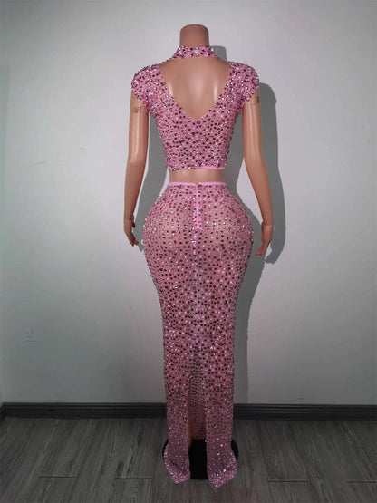 Pink Diamonds Crop Top Skirt Set