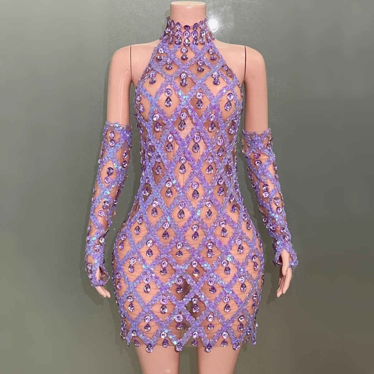Sparkly Rhinestone Lavender Sexy Transparent Backless Dress Evening
