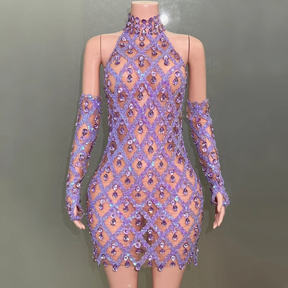 Sparkly Rhinestone Lavender Sexy Transparent Backless Dress Evening