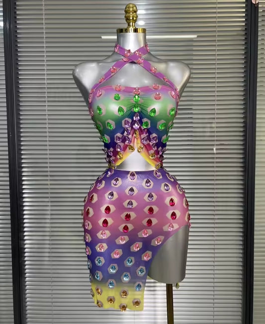 Rainbow diamond halter skirt set