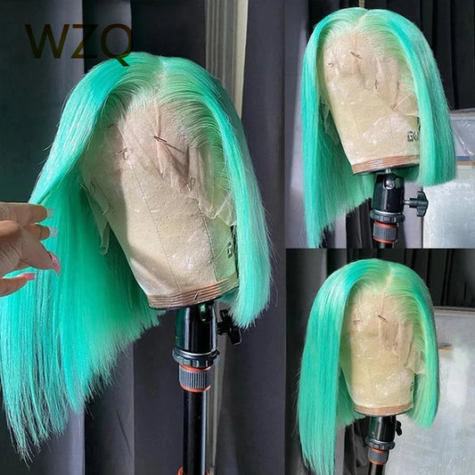 Light Green Short Bob Wig Pink Colored Human Hair Wigs 13x4 Lace