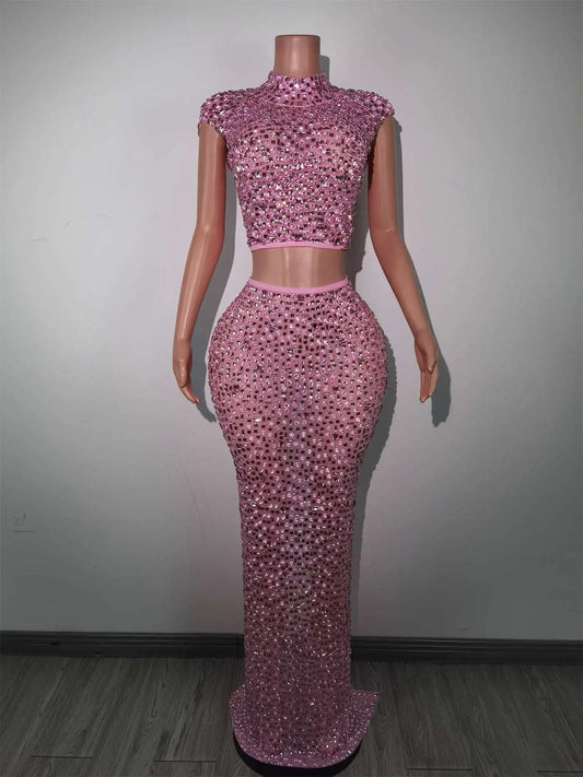 Pink Diamonds Crop Top Skirt Set