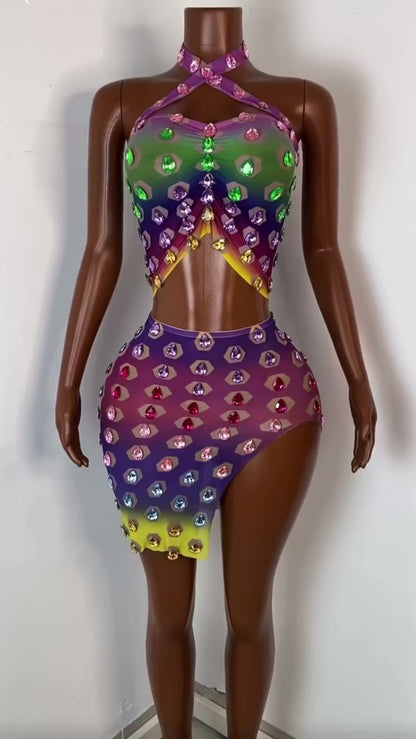 Rainbow diamond halter skirt set