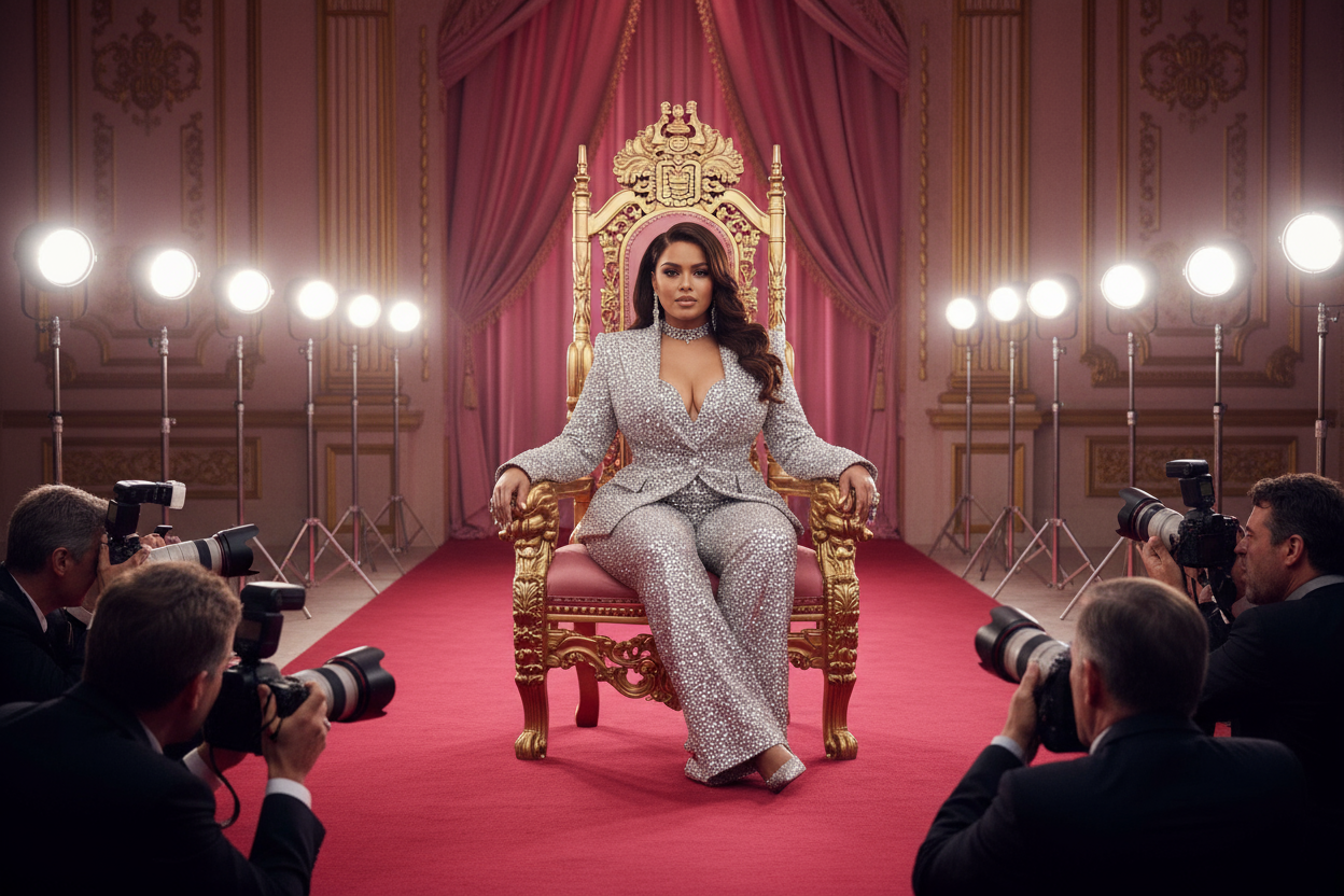 sexy woman with curves in a diamond suit  sitting in a pink and gold bright colored royal chair in a red carpet   runway with camera taking her picture 